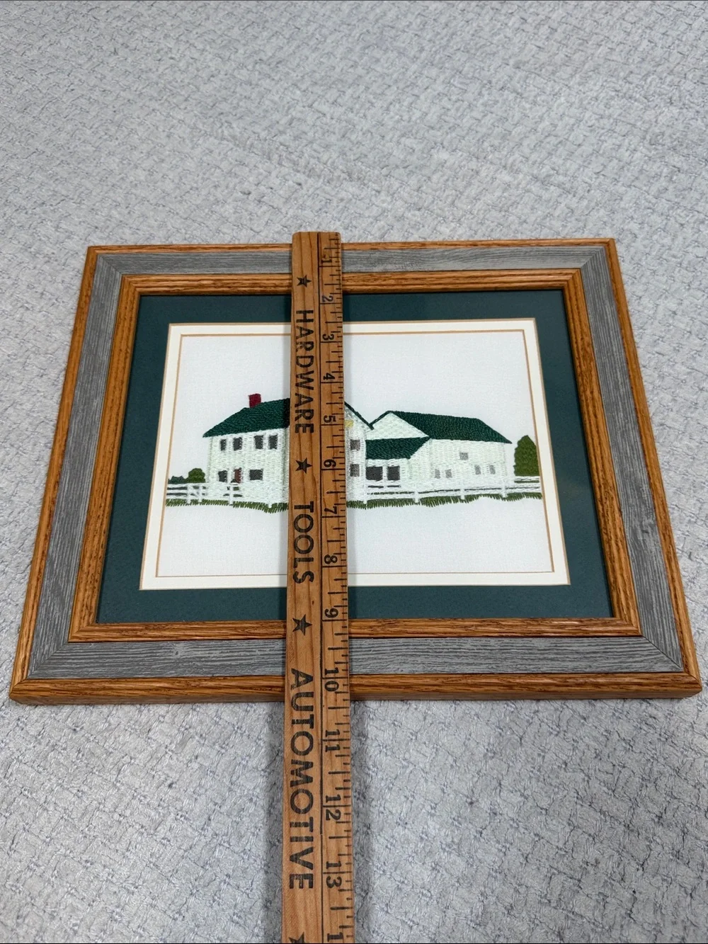 Vtg Needlepoint Embroidered White Farmhouse Crewel Barn wood Frame Wall Hanging